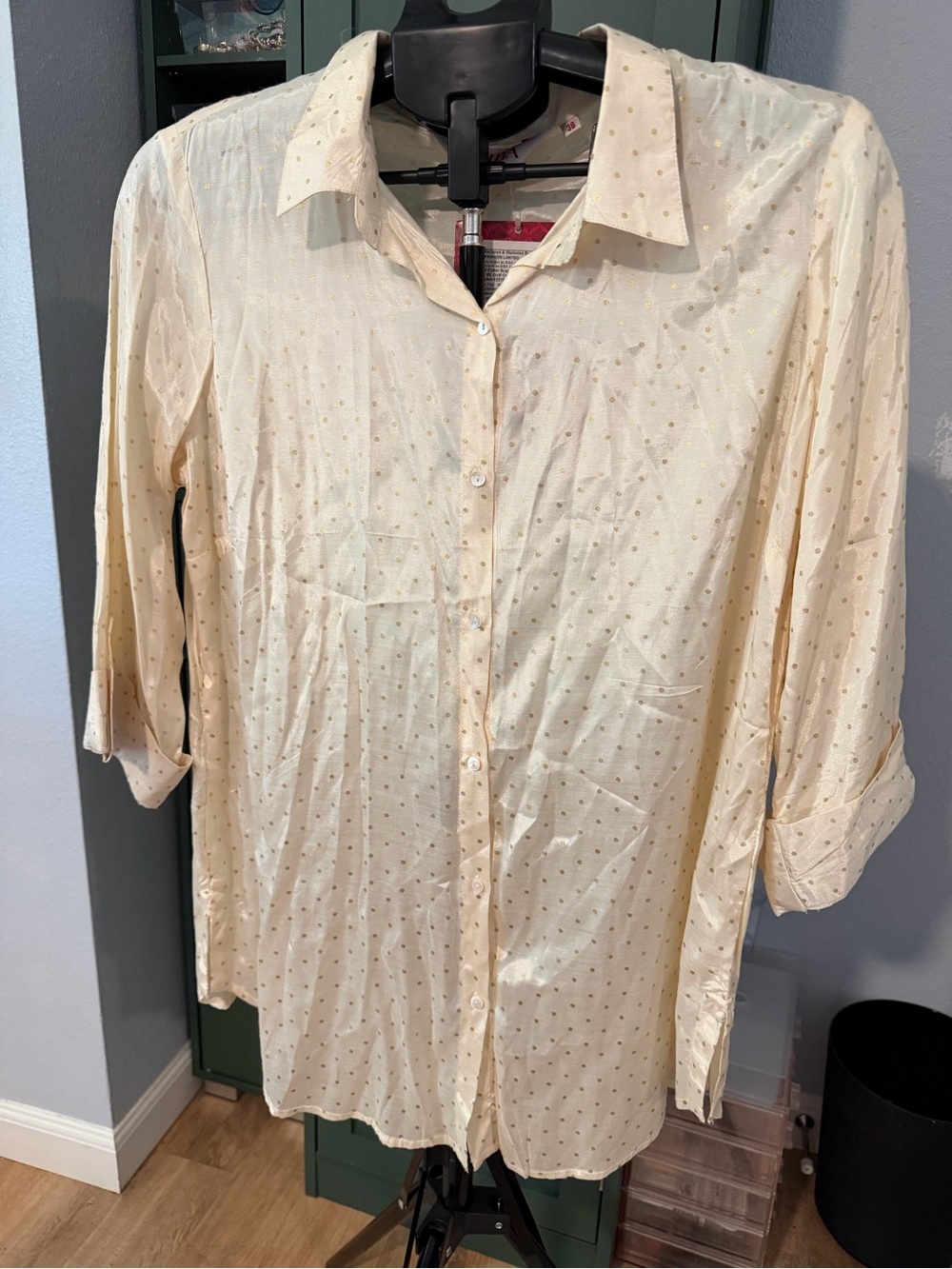 NWT Biba Cream Gold Metallic Polka Dot Button-Down Shirt Tunic Size 38
